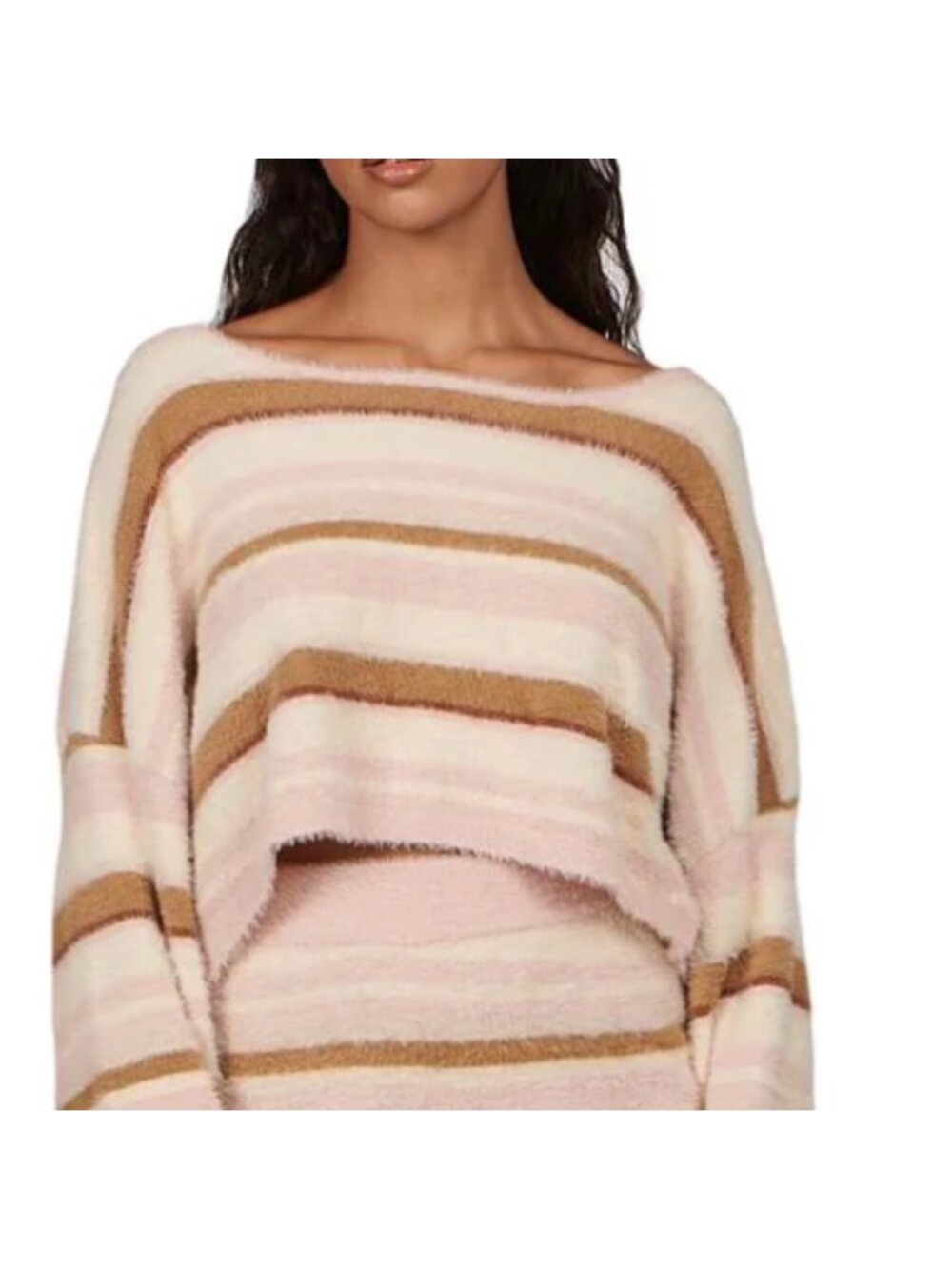Charlie Holiday Sweater Small Pink Brown Striped Fuzzy Eyelash Crop Y2K Coquette